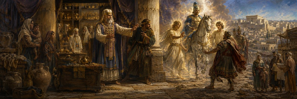 Onias protects the temple treasury while Simon informs royal officials and faithful families resist imposed laws